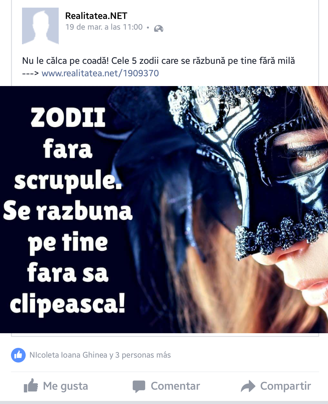 Alături de ultimele mișcări din lume pe scena geo-politică și de agitata politică dâmbovițeană, cei de la Realitatea ne propun articole de un interes deosebit: cine se va răzbuna pe noi fără să clipească. Nu știu daca eu sunt considerat de către cei de la Realitatea prin acest articol, idiot sau cu retard mental, dar le reușea mai bine știrea dacă aplica treba cu „scrupule” celor care se prefac prin București că fac politică și nu afaceri personale. Deși fotografia de profil indică o persoană blândă și prietenoasă, gândurile sunt tocmai reversul aparențelor. Și chiar daca sunt citite mesajele, frumusețea ei nu o poate lua nimeni. Comentariile sunt de prisos. Transmite cu multa „stima violetA”. Realitatea este un post de televiziune care, exact așa cum vă închipuiți, are multe persoane salariate, un buget consistent din care nu plătește din câte știu impozite statului și dorește să informeze, asemenea CNN si BBC, cu informații și știri din cele mai proaspete. Alături de ultimele mișcări din lume pe scena geo-politică și de agitata politică dâmbovițeană, cei de la Realitatea ne propun articole de un interes deosebit: cine se va răzbuna pe noi fără să clipească. Nu știu daca eu sunt considerat de către cei de la Realitatea prin acest articol, idiot sau cu retard mental, dar le reușea mai bine știrea dacă aplica treba cu „scrupule” celor care se prefac prin București că fac politică și nu afaceri personale.