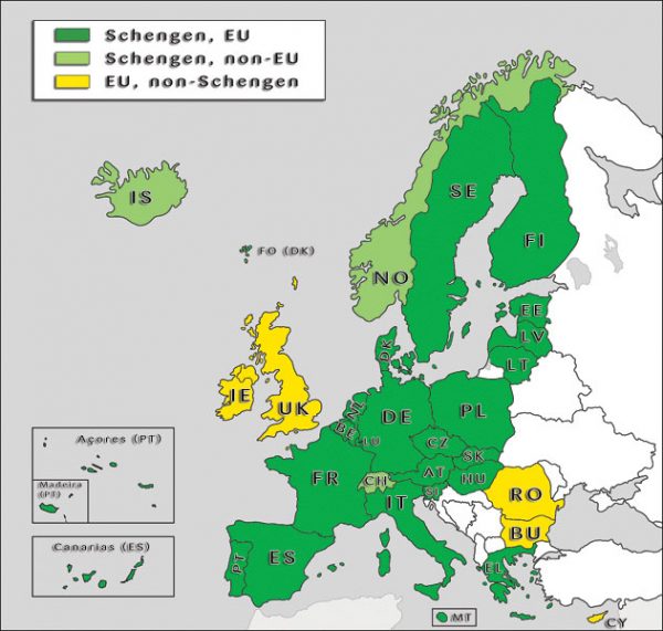 Atât cetățenii UE, cât și cei din afara UE pot călători liber în spațiul Schengen și sunt verificați doar la trecerea frontierei externe. Bulgaria, Croația, Cipru, Cipru, Irlanda, România și Regatul Unit sunt state UE care nu fac sau nu fac încă parte din spațiul Schengen.