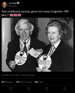 Liz Truss a fost batjocorită pe rețelele de socializare după ce a reapărut un tweet vechi în care plângea moartea pedofilului Jimmy Savile.