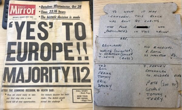 O capsulă a timpului ingropată într-o secție de poliție din Liverpool în 1971 a fost dezgropată în timpul lucrărilor de construcție de către zidarii de la Cubitts